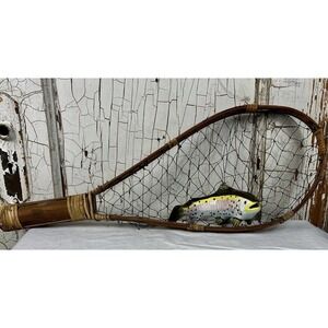 Vtg Nautical Decor Porcelain Fish On Fishing Net Trout Wall Hang Hand Paint 20"